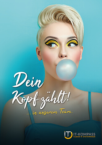 A poster on the wall shows a young, blonde woman. With a heavily made-up face, bright rose-colored cheeks and a thickly applied yellow eye shadow, she looks off to the side at an angle and blows a large bubble gum bubble. The poster reads "your head counts on our team."