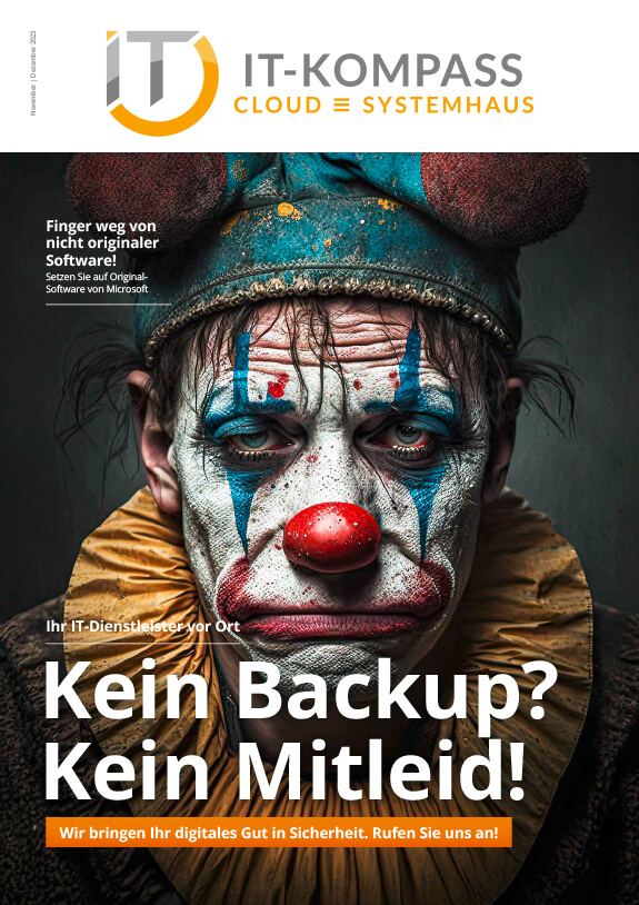 Auf dem Titelbild des IT-Kompass Magazins der Ausgabe November/Dezember 2023 ist ein trauriger Clown zu sehen.
