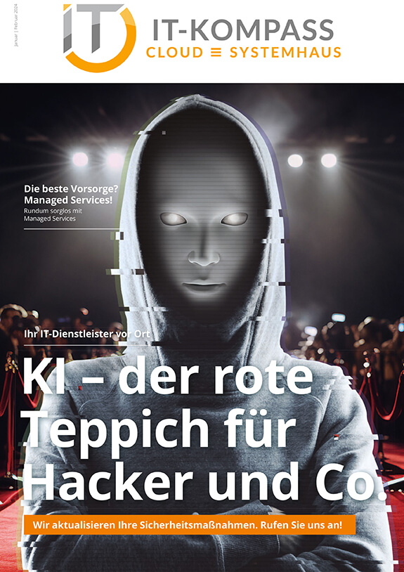 Auf dem Titelbild des IT-Kompass Magazins der Ausgabe Januar/Februar 2024 ist eine Person mit Maske und Kapuzenpulli auf dem roten Teppich zu sehen.