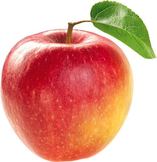 Ein roter Apfel mit abstehendem grünen Stielblatt.