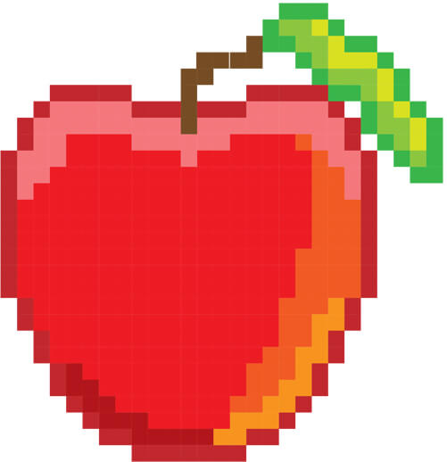 Ein verpixelt dargestellter roter Apfel mit abstehendem grünen Stielblatt.