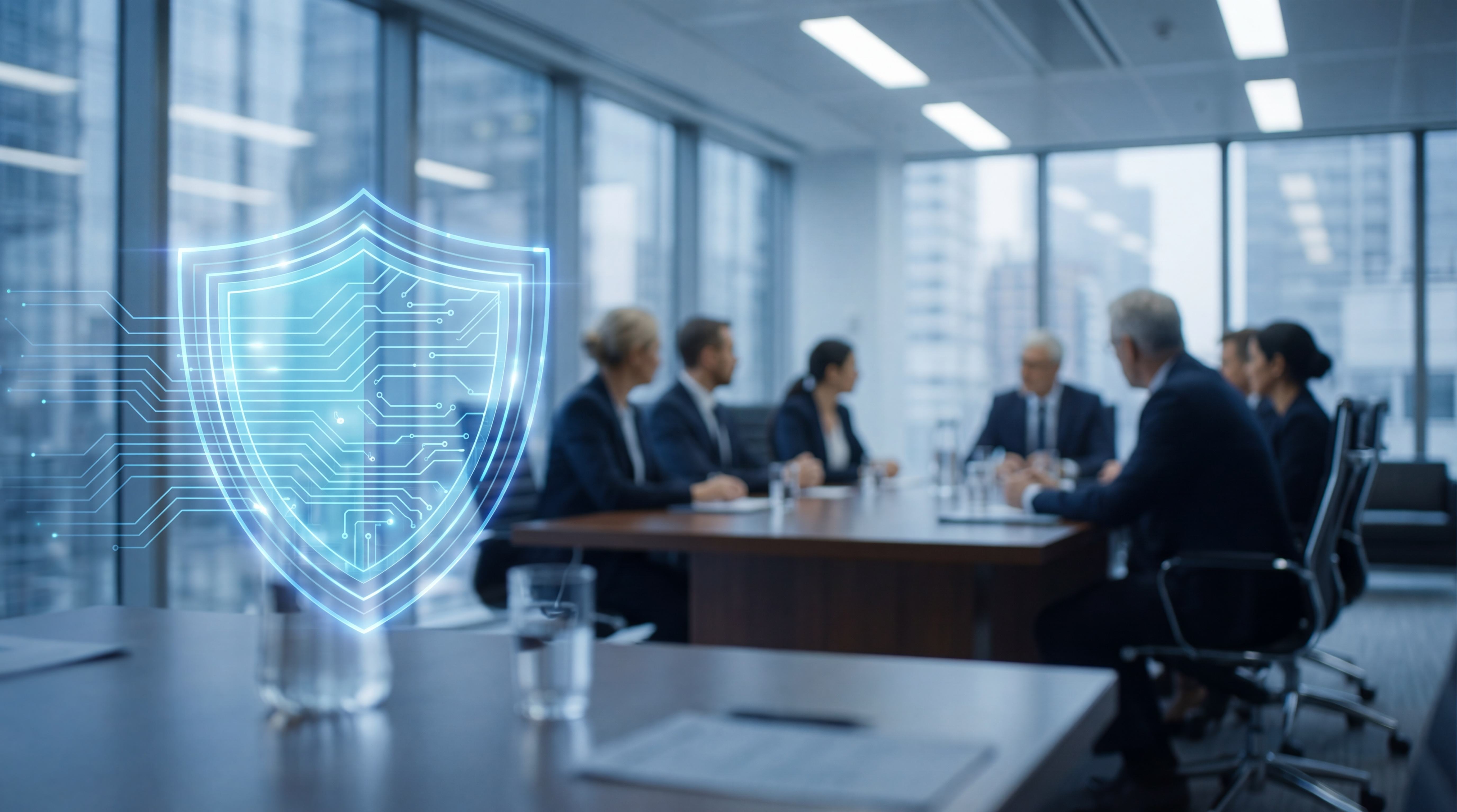 Besprechung zu Informationssicherheit und Compliance, symbolisiert durch ein digitales Schutzschild