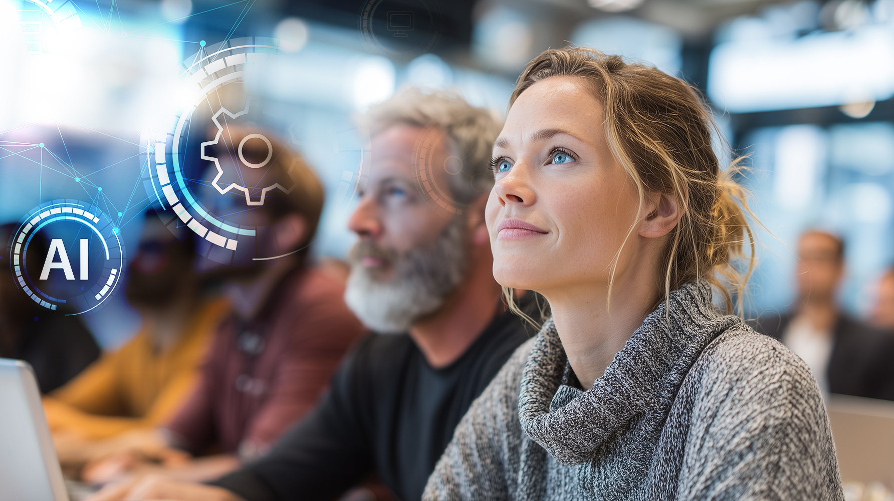 Teilnehmende verfolgen ein Webinar zur KI-Einführung im Unternehmen