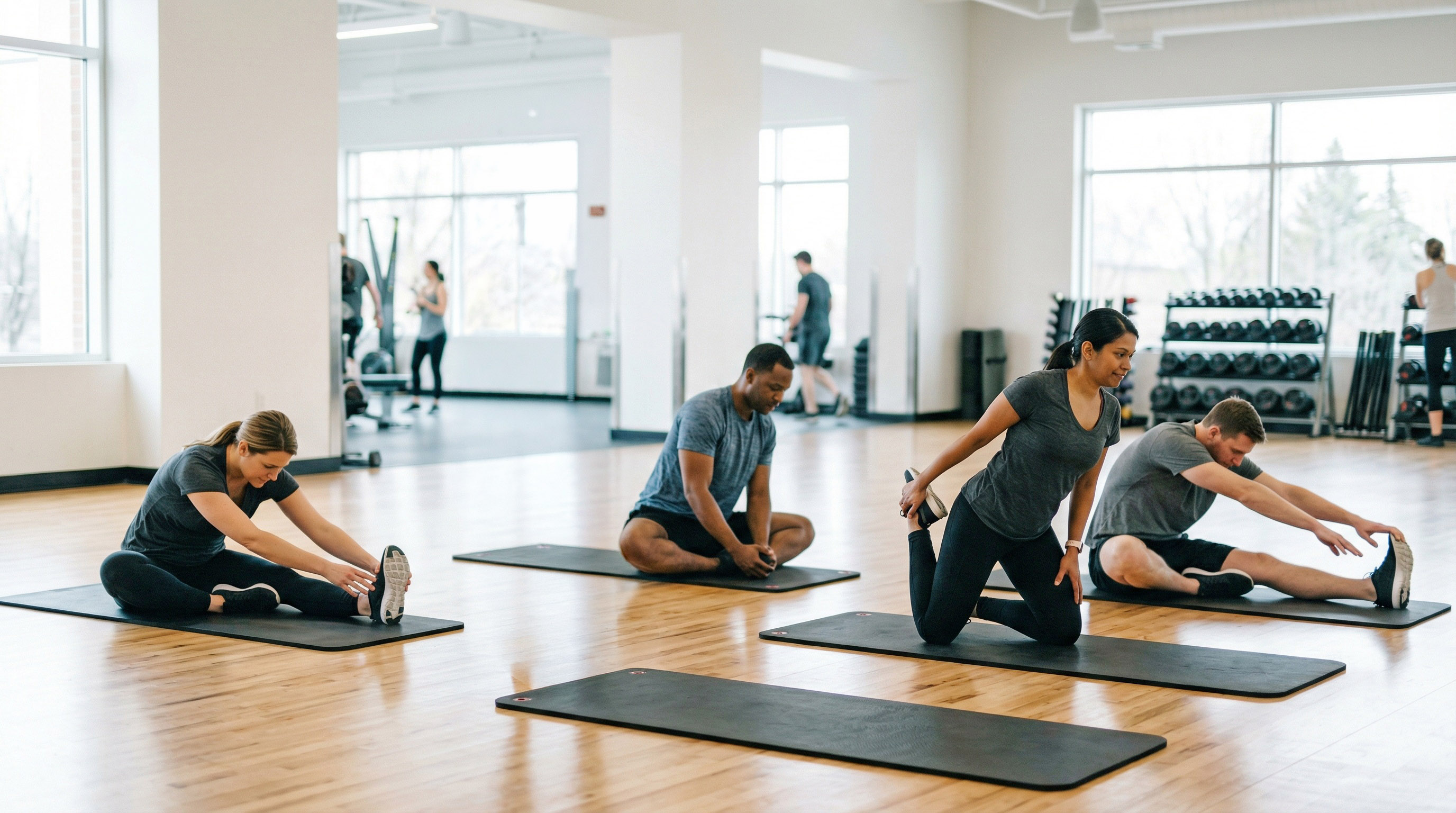Personen beim Dehnen auf Matten in einem hellen Fitnessstudio