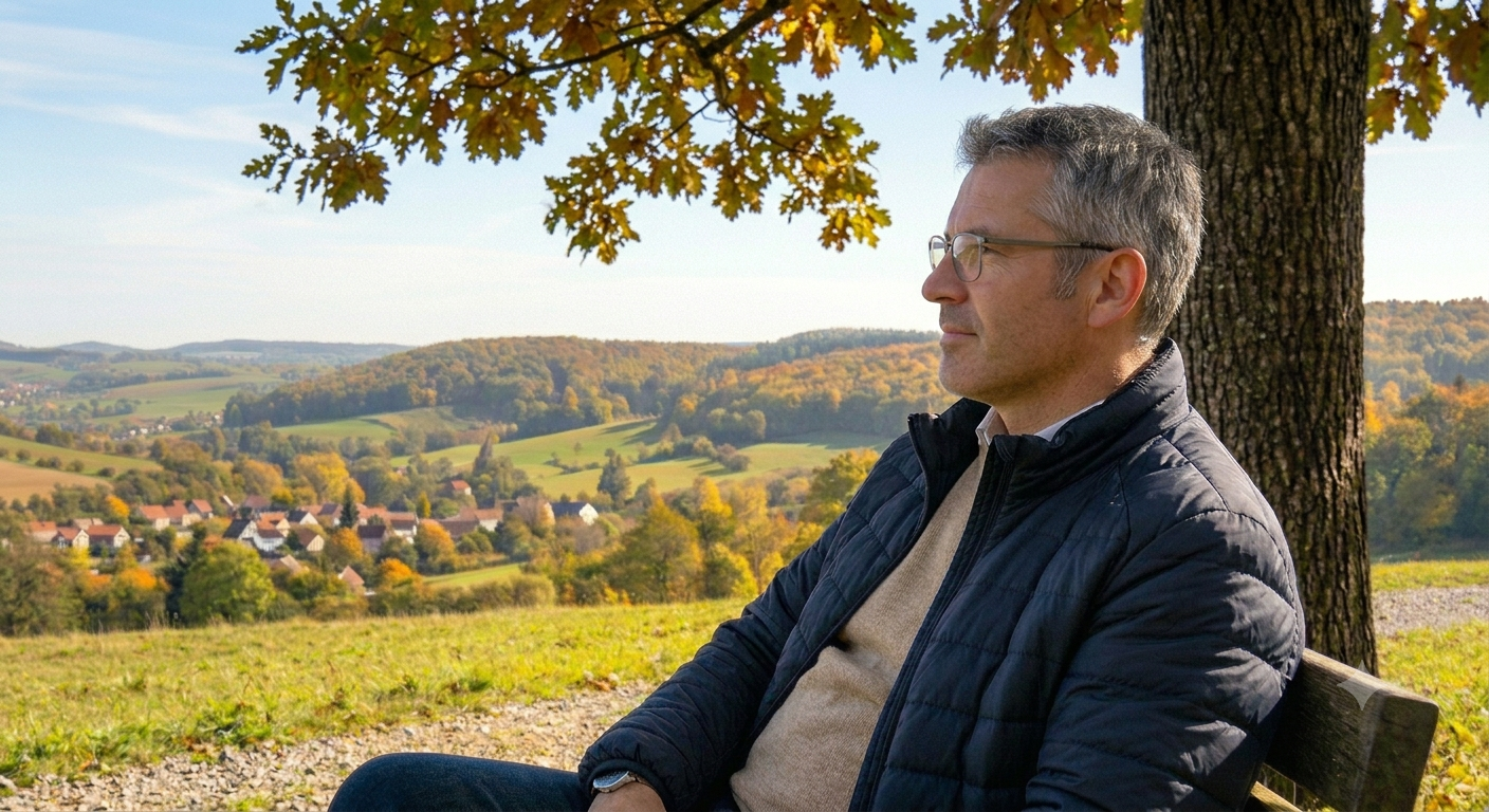 Älterer Mann sitzt entspannt auf einer Bank mit Blick über das herbstliche Donzdorf